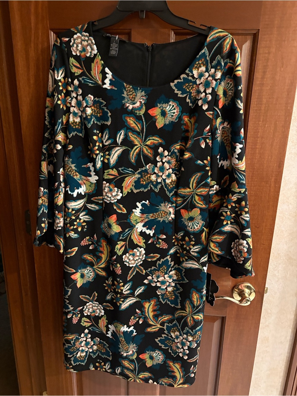 NWT INC International Concepts Black Floral Dress with Teal & Gold Accents, Sz L